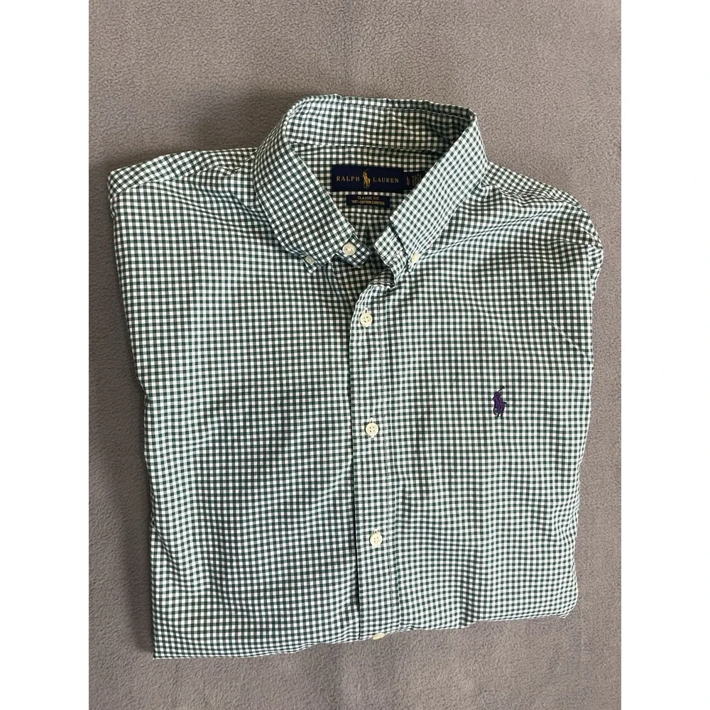 Polo Ralph Lauren Shirt Mens Large Green Gingham Classic Fit Button Down